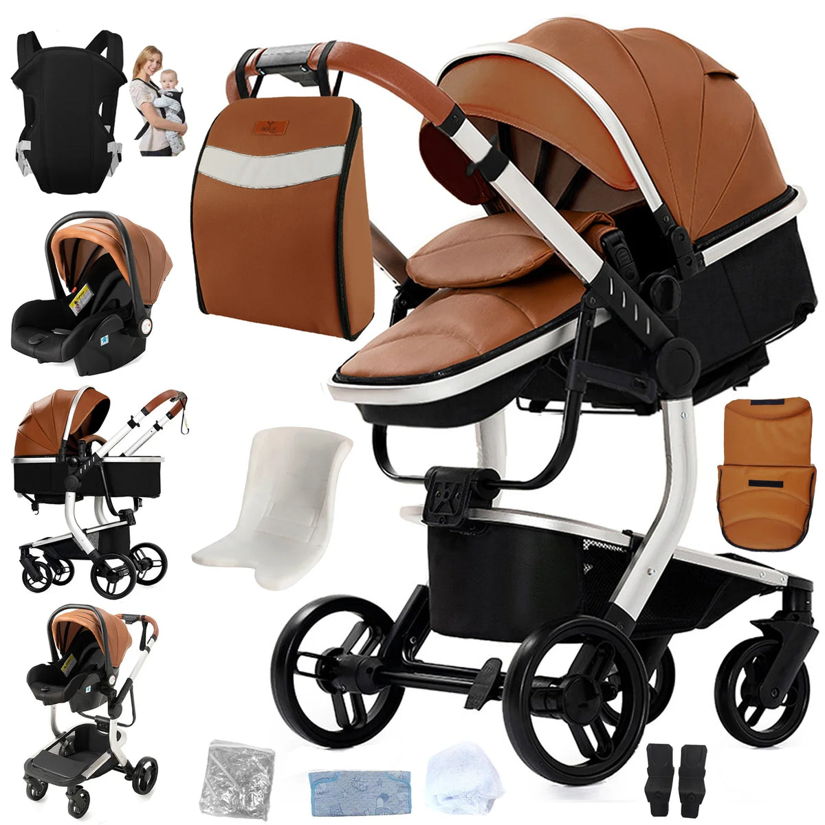 Tragbarer Leder Kinderwagen, Khaki / Minikauf.ch