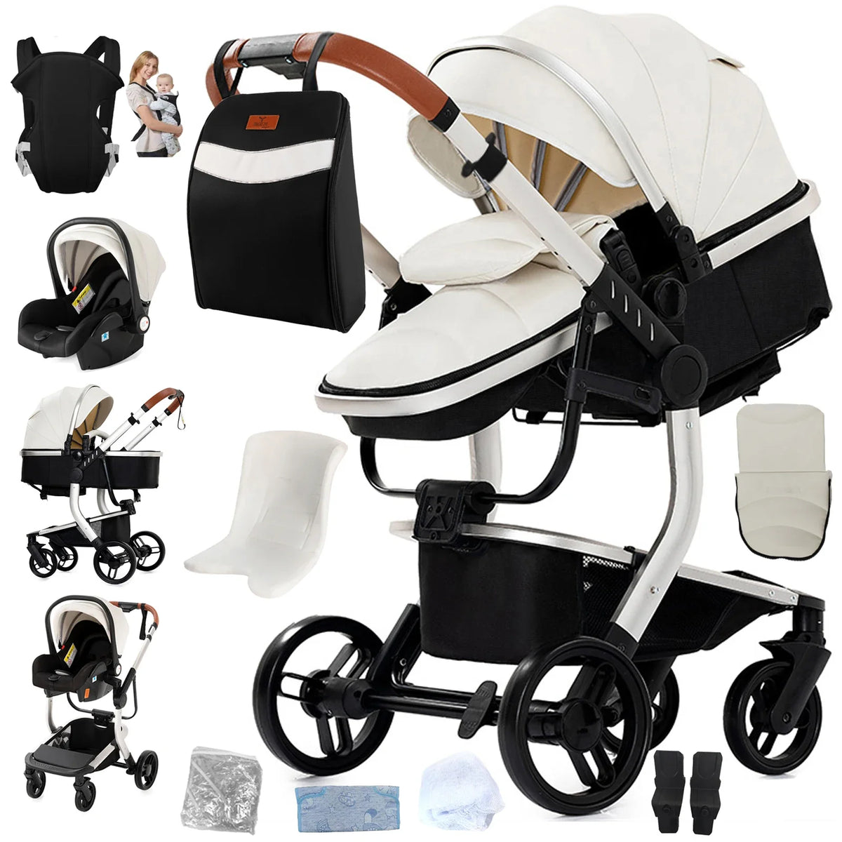 Tragbarer Leder Kinderwagen, Weiss / Minikauf.ch