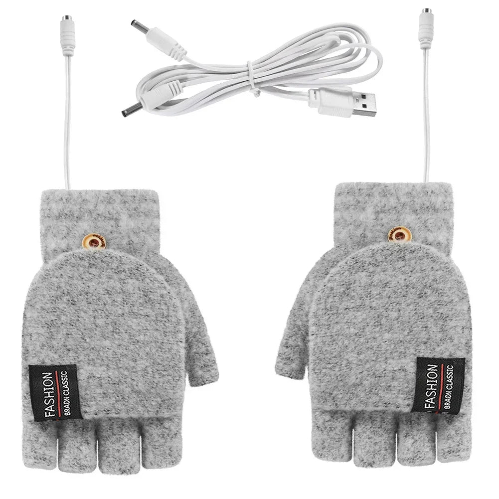 USB Halbfinger Heizhandschuhe mit Klappfäustling, Grau / Minikauf.ch