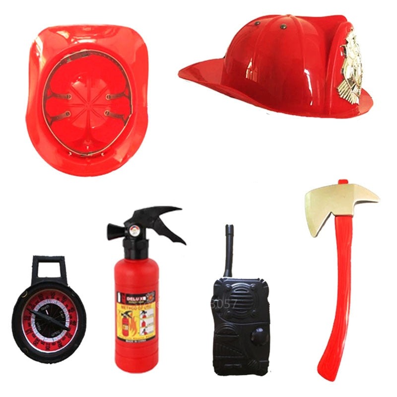 Kinder Feuerwehrmann Kostüm, 5 Spielzeuge: Hut, Hammer, Kompass, Walkie-Talkie / Minikauf.ch