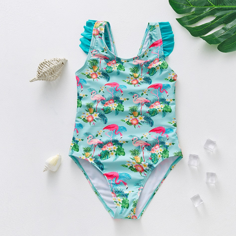 Mädchen Badeanzug für 2-8 Jahre, Flamingo + Blumen / Minikauf.ch