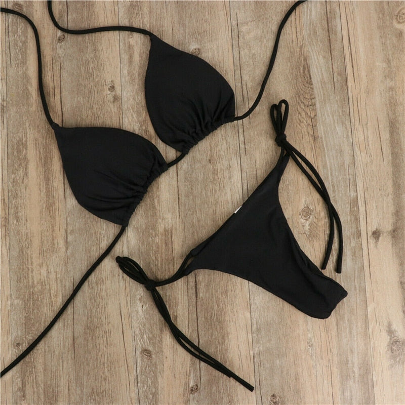 Einfarbiger Push Up Tanga Bikini, schwarz / Minikauf.ch