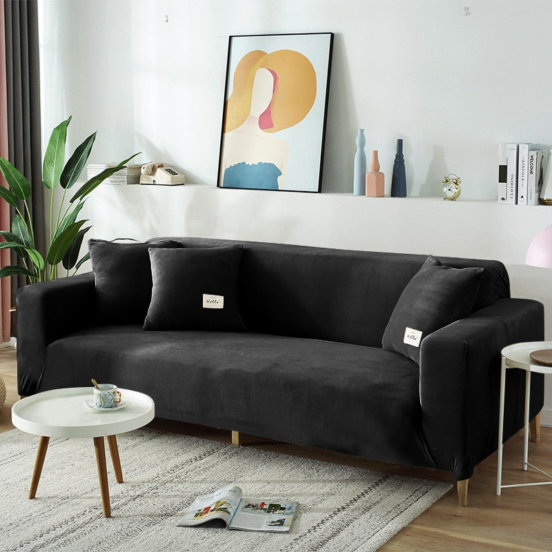 Plüsch Stretch Sofabezug, einfarbig schwarz / Minikauf.ch