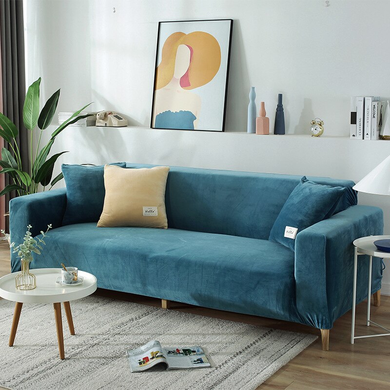 Plüsch Stretch Sofabezug, einfarbig Seeblau / Minikauf.ch