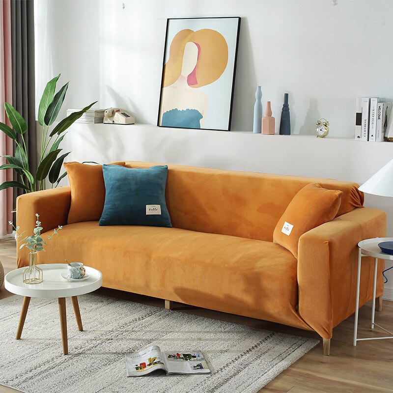 Plüsch Stretch Sofabezug, einfarbig golden / Minikauf.ch