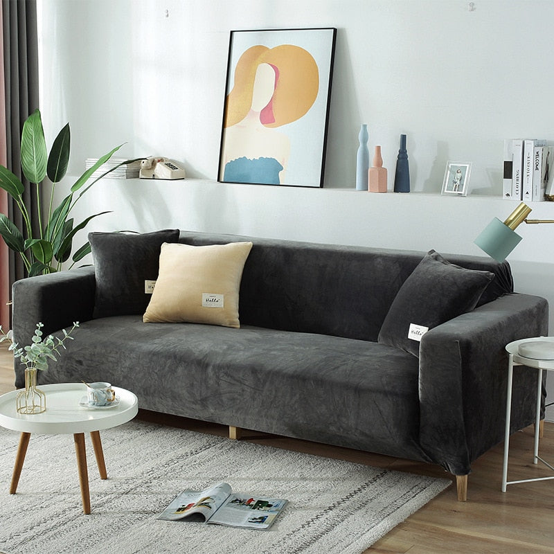 Plüsch Stretch Sofabezug, einfarbig grau / Minikauf.ch