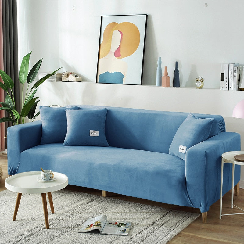 Plüsch Stretch Sofabezug, einfarbig neues blau / Minikauf.ch