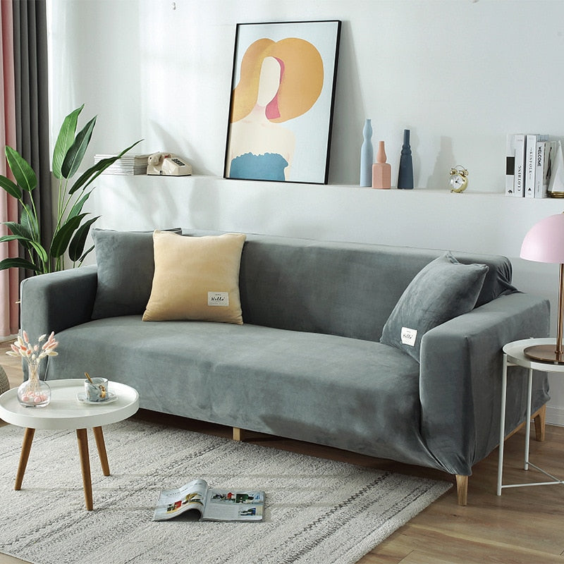 Plüsch Stretch Sofabezug, einfarbig hellgrau / Minikauf.ch