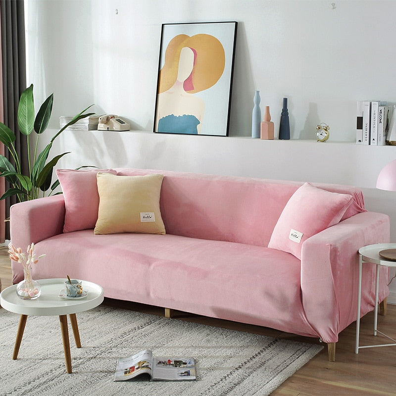 Plüsch Stretch Sofabezug, einfarbig rosa / Minikauf.ch